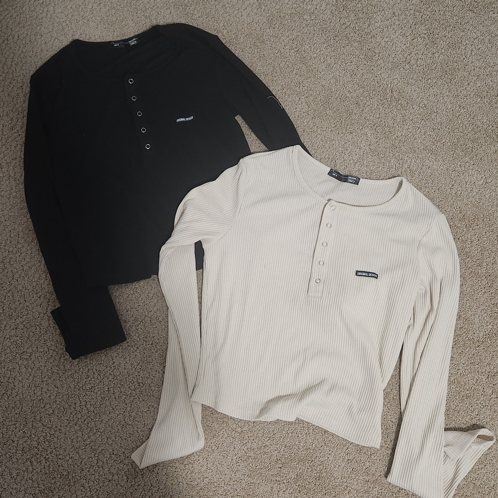 Black and Cream Long Sleeve Henley Tops